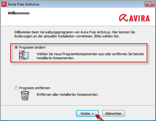 Avira Free Antivirus - Wilkommen - Programm ändern