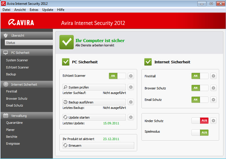 Avira Internet Security 2012 - Status - Ihr Computer ist sicher