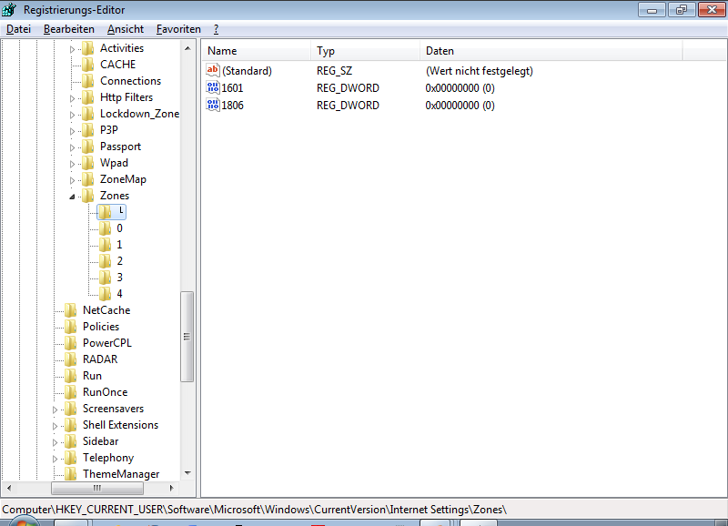 Registrierungs-Editor - Zones - L