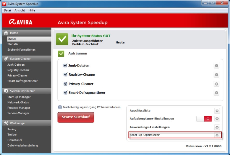 Avira System Speedup - Menü - Start-up-Optimierer