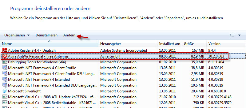 Avira AntiVir Personal - Programm deinstallieren oder ändern