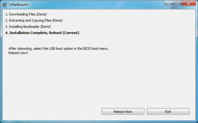 UNetbootin - Installation Complete, Reboot