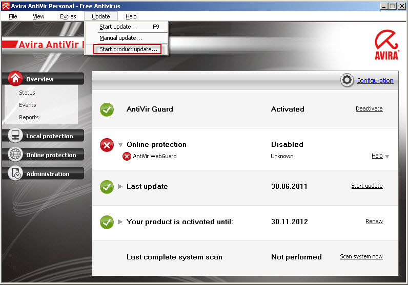 Avira AntiVir Personal - 更新 - 製品の更新を開始