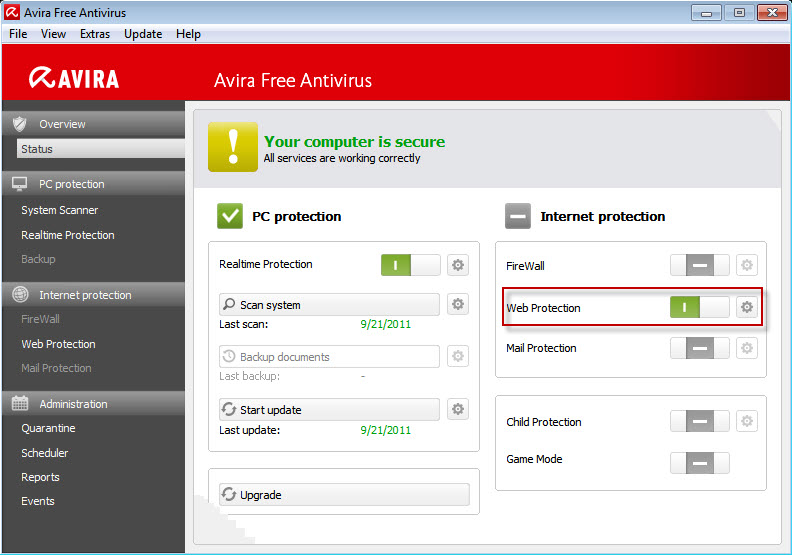 Avira Free Antivirus - Web Protection 已启用