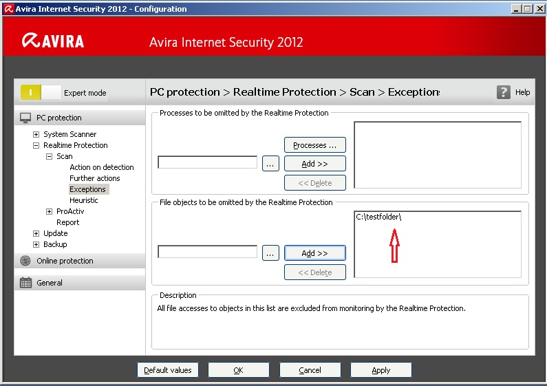 Realtime protection settings - Exceptions