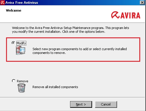 Avira Free Antivirus - Welcome - Modify