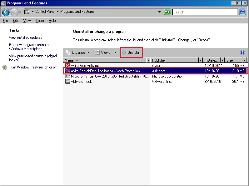 控制台 - 程式和功能 - Avira SearchFree Toolbar plus WebGuard