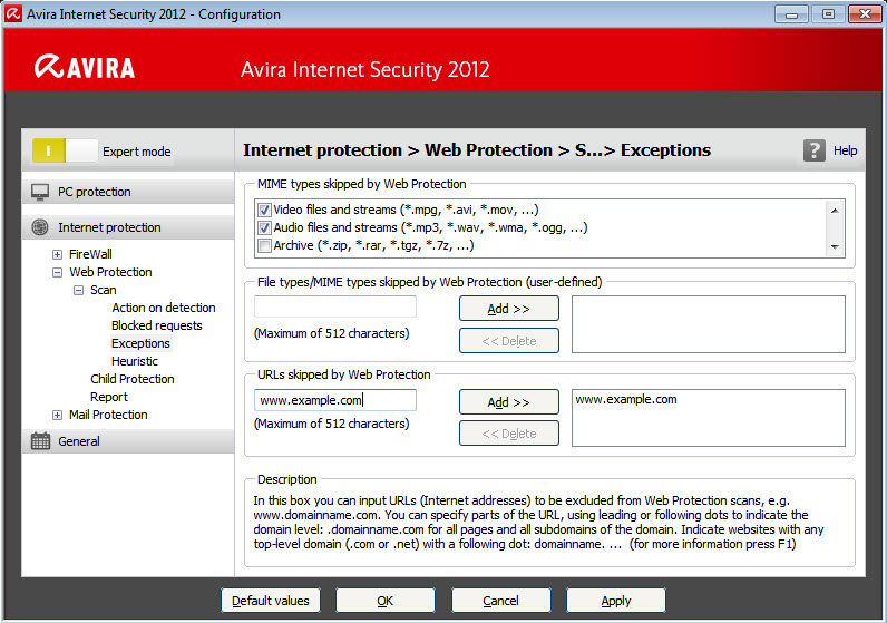 Web Protection configuration - Scan - Exceptions