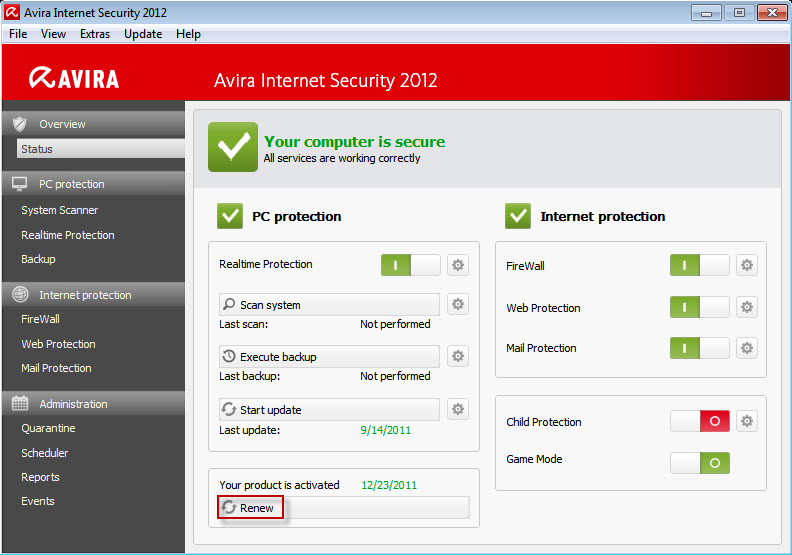 Avira Internet Security - Overview > Status