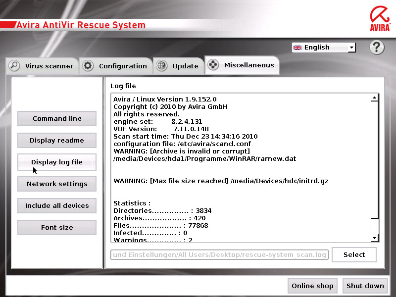 Avira AntiVir Rescue System - log file