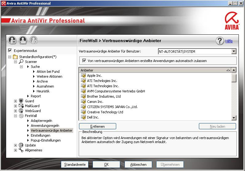 Avira AntiVir Professional - FireWall - Vertrauenswürdige Anbieter