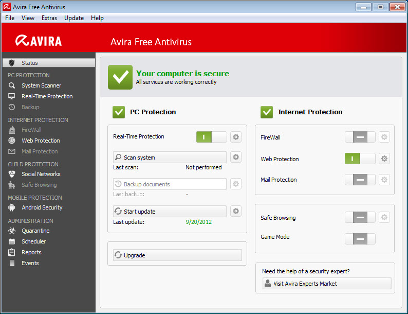 Avira Free Antivirus > Control Center