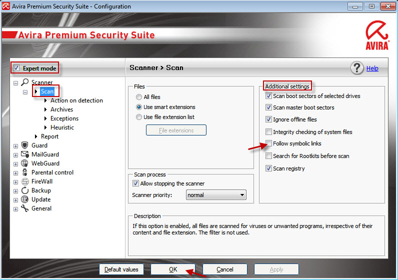Scanner - Scan - Additional Settings - Follow symbolic links