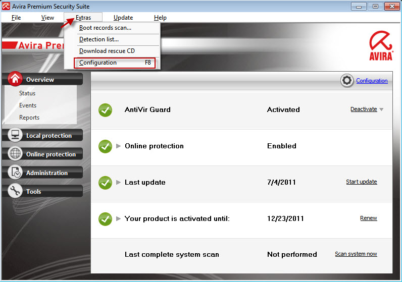 AntiVir Control Center - Extras - Configuration