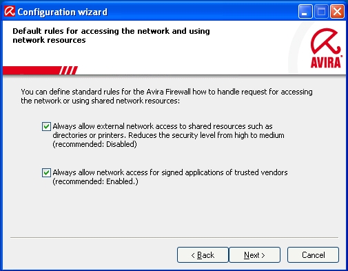 Avira Configuration Wizard - network access