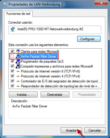 Controlador de filtro desactivado en las propiedades de red de Win 7