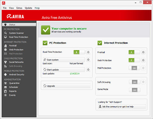 Tampilan Avira Free Antivirus Avira Interface