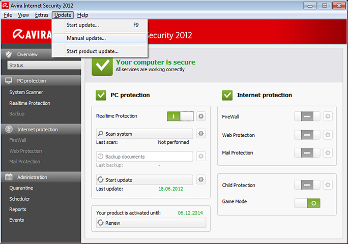 mise a jour manuelle avira internet security 2012