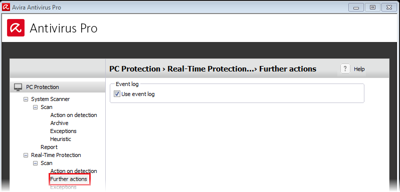 Antivirus Pro - Configuration - RT protection - Further actions