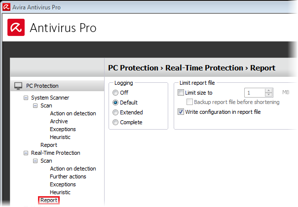 Antivirus Pro - Configuration - RT protection Report