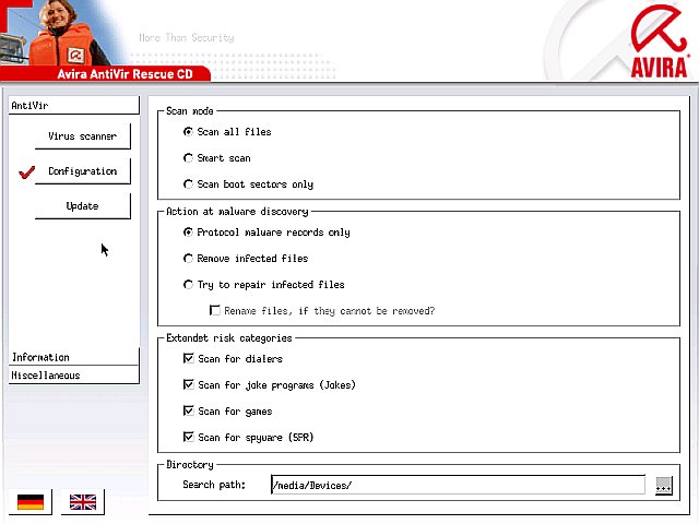 Avira AntiVir Rescue CD - scanner settings